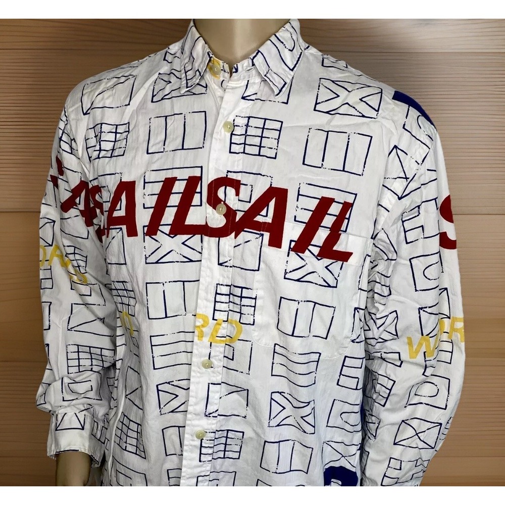 Vintage Nautica Shirt Sailing Button Front Spelled Out World Sail Yacht M RARE